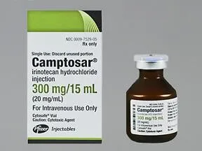 A box and vial of Pfizer Camptosar irinotecan hydrochloride injection, 300 mg/15 mL.