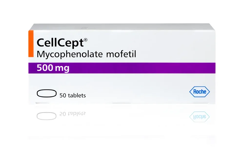 Mycophenolate mofetil A box of Roche CellCept (Mycophenolate mofetil) 500 mg tablets, containing 50 tablets.