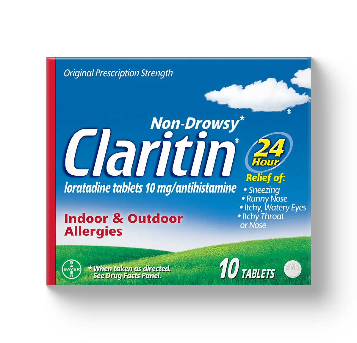 A box of Claritin 24 Hour, containing loratadine tablets 10 mg, for indoor and outdoor allergies.