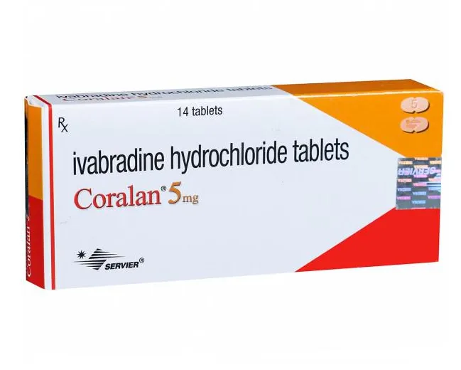 A box of Servier Coralan (ivabradine hydrochloride) 5 mg tablets, containing 14 tablets.