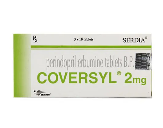 Perindopril A box of Serdia Coversyl (perindopril erbumine) 2 mg tablets, containing 3 x 10 tablets.