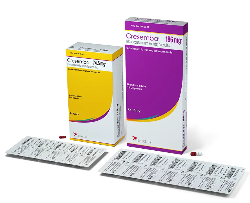Boxes of Astellas Cresemba (isavuconazonium sulfate) capsules in two strengths: 74.5 mg and 186 mg.