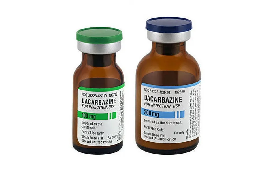Dacarbazine Two vials of Dacarbazine for Injection, USP, in 100 mg and 200 mg strengths, prepared as the citrate salt for IV use.