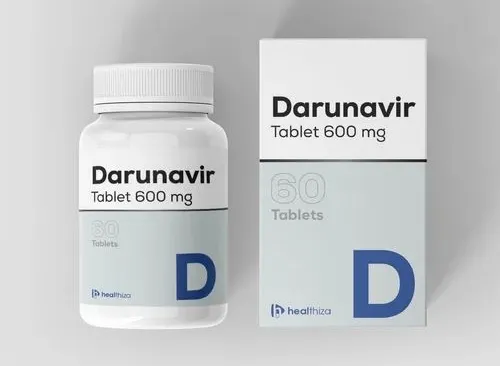 Darunavir A bottle and a box of Healthiza Darunavir Tablet 600 mg, containing 60 tablets.