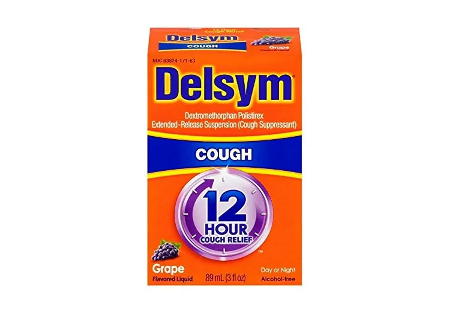 Dextromethorphan A box of Delsym Dextromethorphan Polistirex Extended-Release Suspension, 12-hour cough relief, grape-flavored liquid, 89 mL (3 fl oz), alcohol-free.