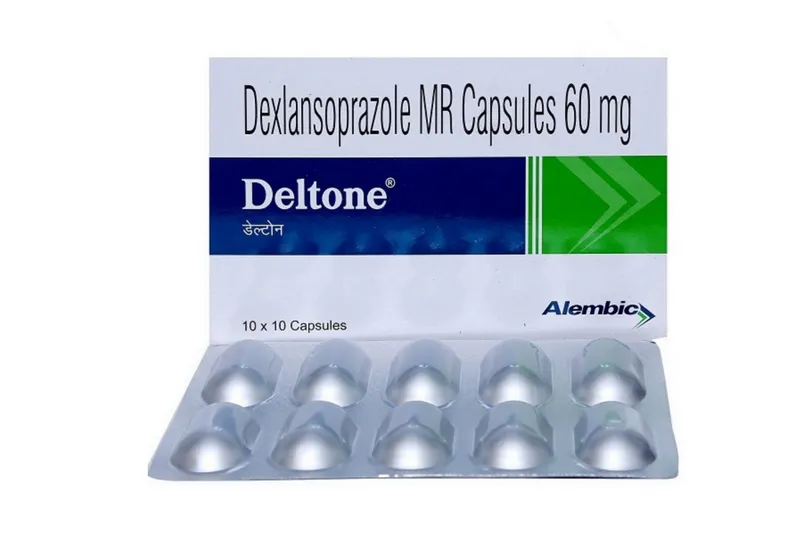 Dexlansoprazole A box and blister pack of Alembic Deltone (Dexlansoprazole) MR Capsules 60 mg, containing 10x10 capsules.