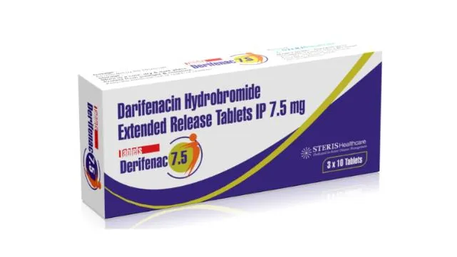 Darifenacin A box of STERIS Healthcare Darifenacin Hydrobromide Extended Release Tablets IP 7.5 mg, with "Derifenac 7.5" branding, containing 3x10 tablets.