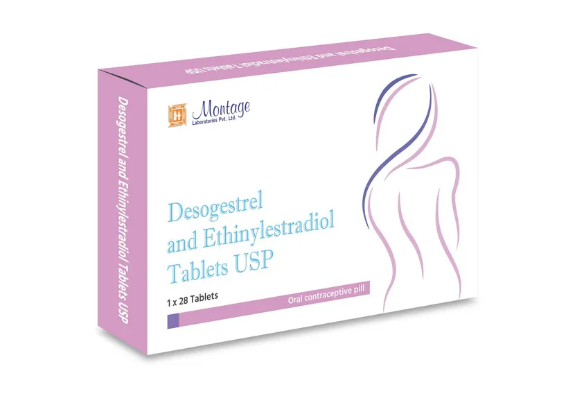 Ethinyl estradiol A box of Montage Laboratories Desogestrel and Ethinylestradiol Tablets USP, containing 1 x 28 tablets, which is an oral contraceptive pill.