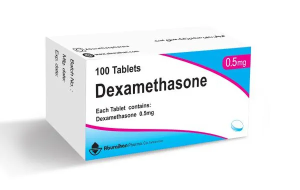 Dexamethasone A box of Aburaihan Pharm. Co. Dexamethasone 0.5mg Tablets, containing 100 tablets.