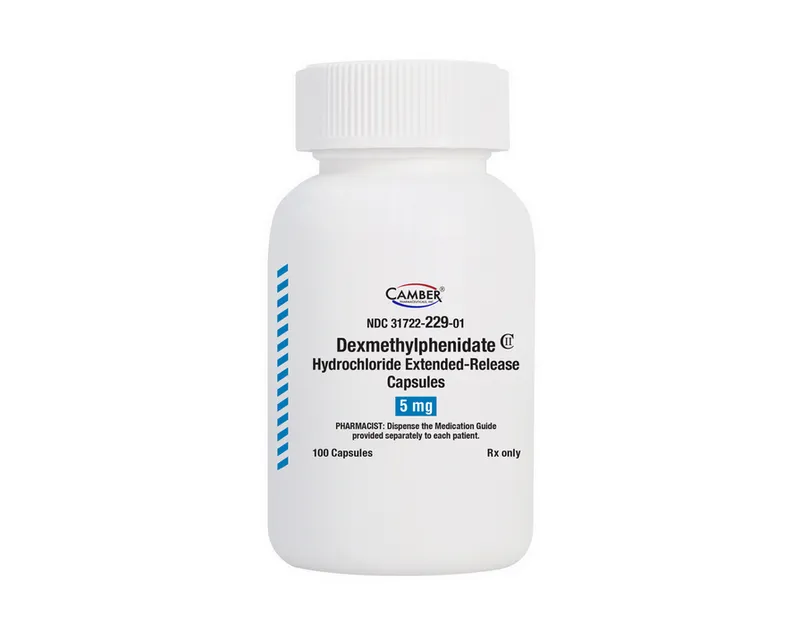 Dexmethylphenidate A bottle of Camber Dexmethylphenidate Hydrochloride Extended-Release Capsules, 5 mg, containing 100 capsules.