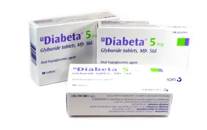 Glyburide Boxes of Diabeta (Glyburide tablets) 5 mg, an oral hypoglycemic agent.