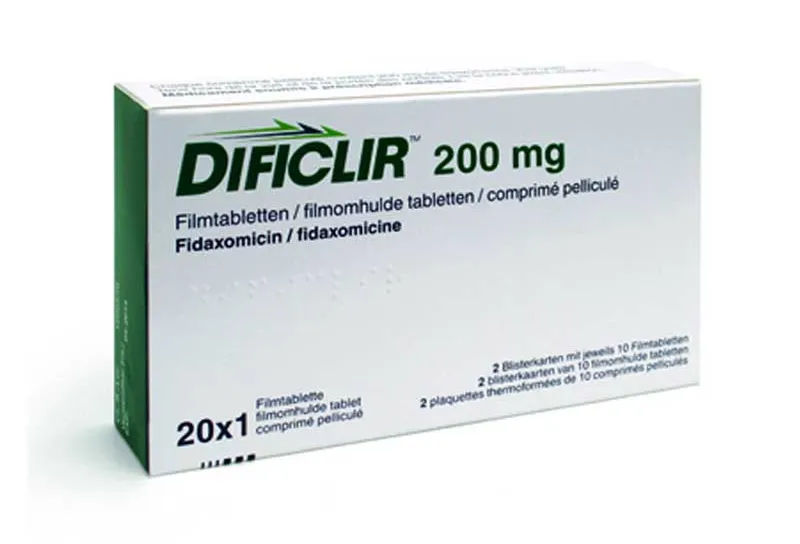 Fidaxomicin A box of DIFICLIR 200 mg film-coated tablets containing Fidaxomicin, with 20 tablets in total.