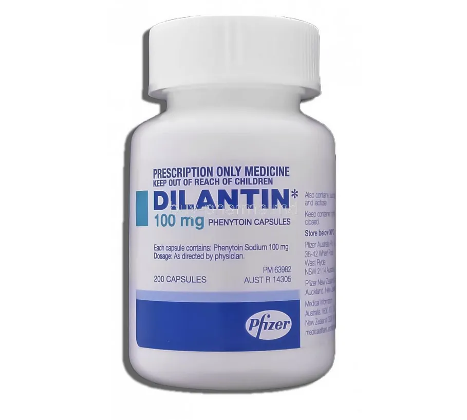 Phenytoin A bottle of Pfizer Dilantin 100 mg phenytoin capsules, containing 200 capsules.