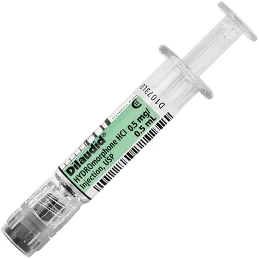Hydromorphone A prefilled syringe of Dilaudid (hydromorphone HCl) injection, USP, 0.5 mg in 0.5 mL.