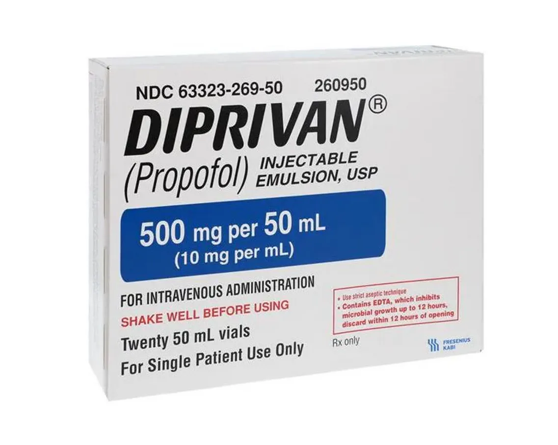Propofol A box of Fresenius Kabi Diprivan (Propofol) injectable emulsion, 500 mg per 50 mL.