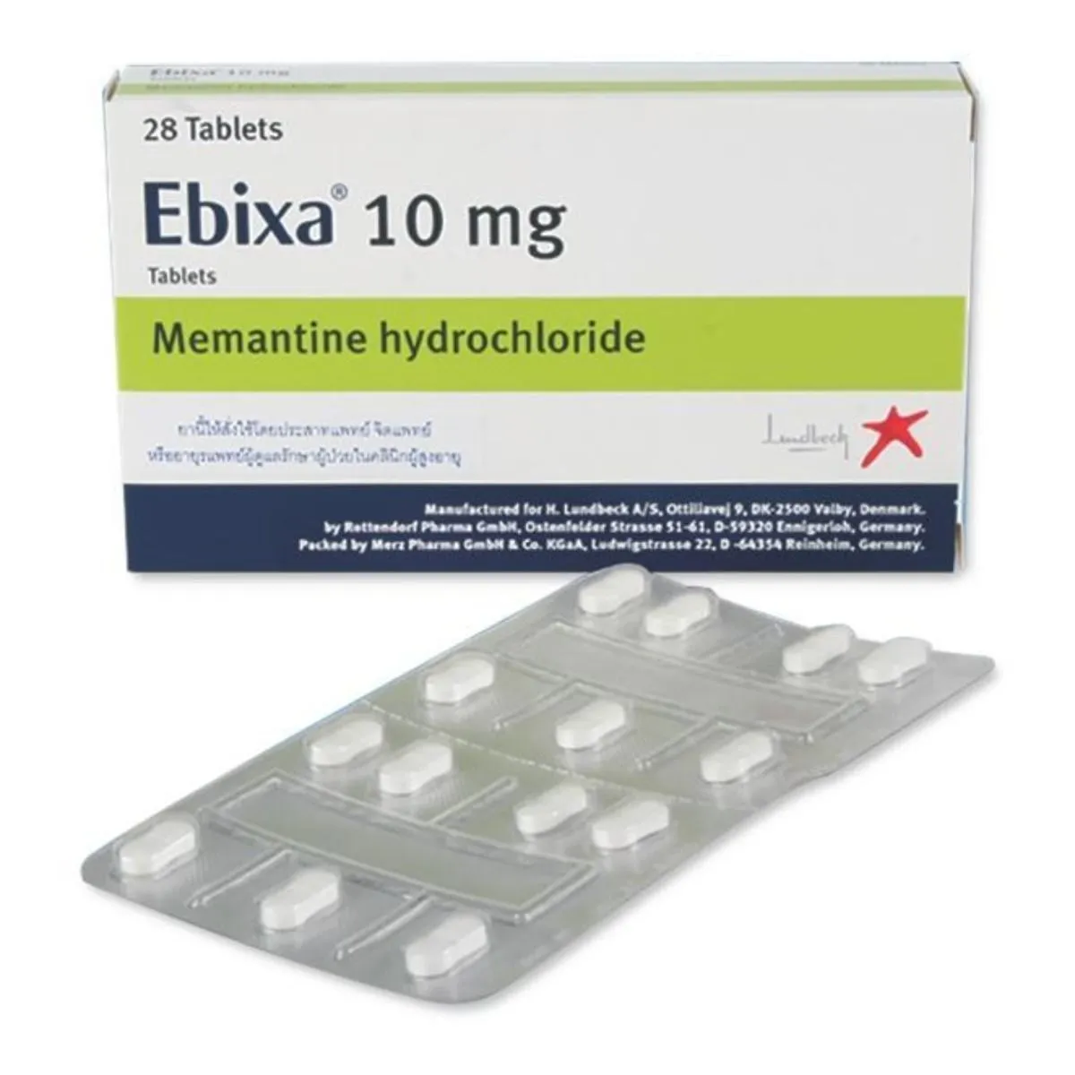 A box and blister pack of Ebixa 10mg tablets (Memantine hydrochloride), used for Alzheimer's disease.