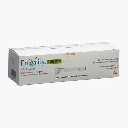 Galcanezumab A box containing one prefilled pen of Emgality (galcanezumab) 120 mg/1 mL solution for subcutaneous injection.