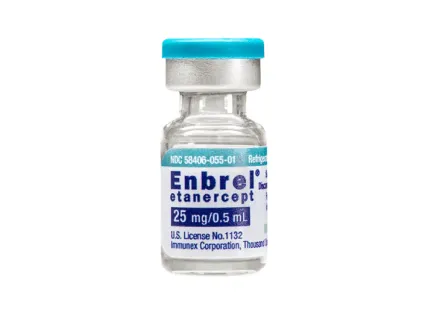 Etanercept A refrigerated vial of Immunex Corporation Enbrel (etanercept) 25 mg/0.5 mL.
