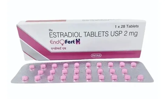 A box and blister pack of Intas Endofert H Estradiol Tablets USP 2 mg, containing 1x28 tablets.