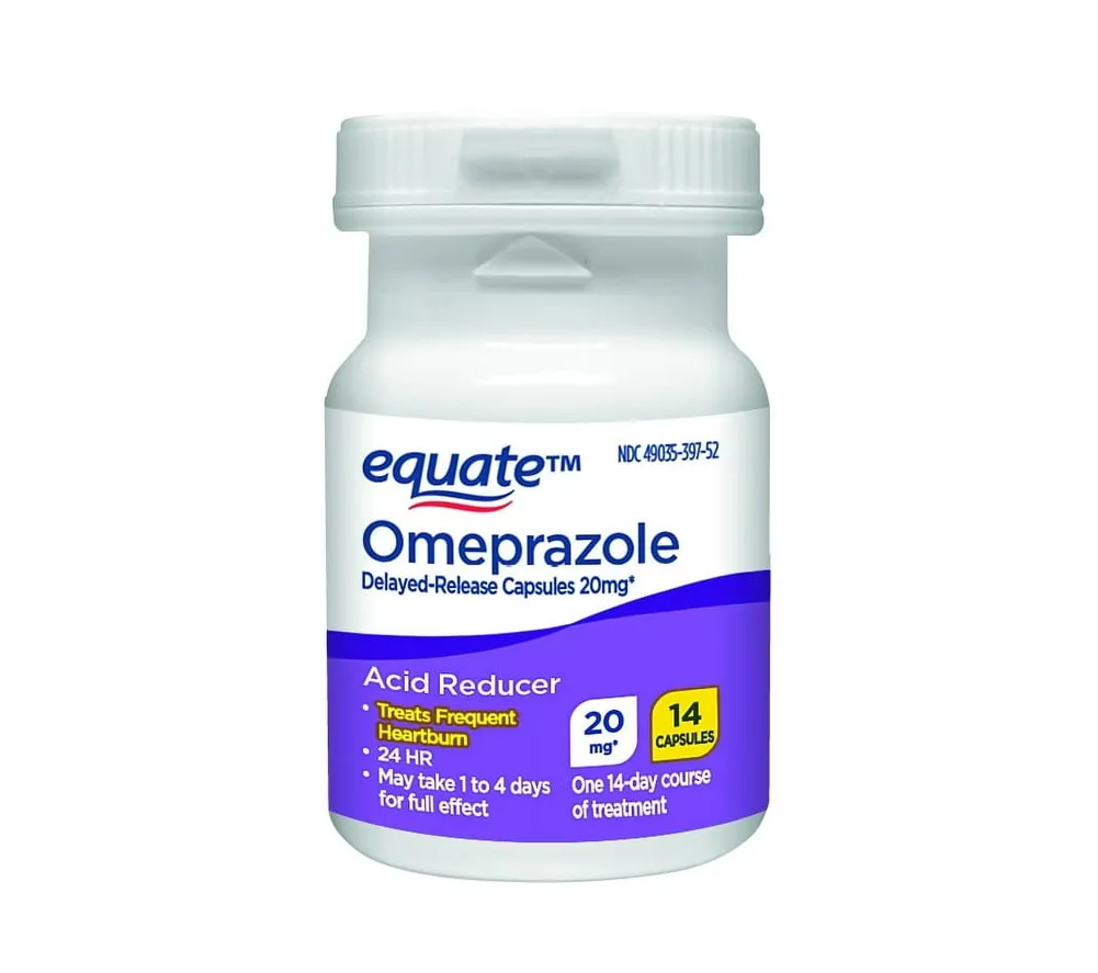 Omeprazole A bottle of equate Omeprazole delayed-release capsules 20mg, an acid reducer for frequent heartburn.