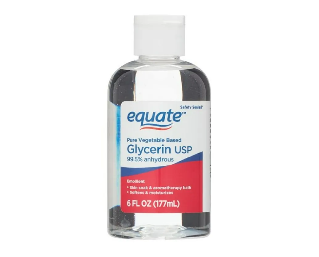 Glycerin A bottle of Equate Pure Vegetable Based Glycerin USP, 99.5% anhydrous, 6 fl oz (177 mL).