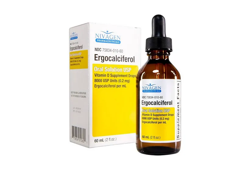 Ergocalciferol A box and bottle of Nivagen Pharmaceuticals Ergocalciferol Oral Solution USP, Vitamin D Supplement Drops 8000 USP Units (0.2 mg) per mL.
