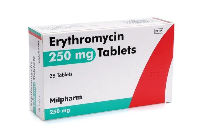 Erythromycin A box of Milpharm Erythromycin 250 mg Tablets, containing 28 tablets.