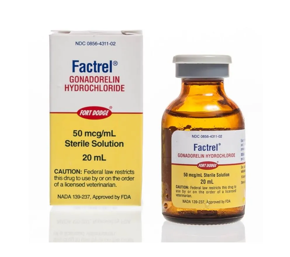 Gonadorelin A box and vial of Fort Dodge Factrel (Gonadorelin Hydrochloride) 50 mcg/mL sterile solution, 20 mL, approved by the FDA for veterinary use.