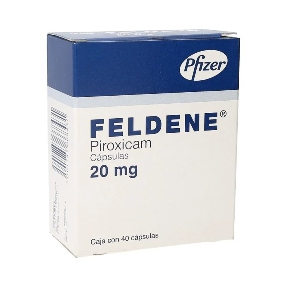 Piroxicam A box of Pfizer Feldene (piroxicam) 20 mg capsules, containing 40 capsules.