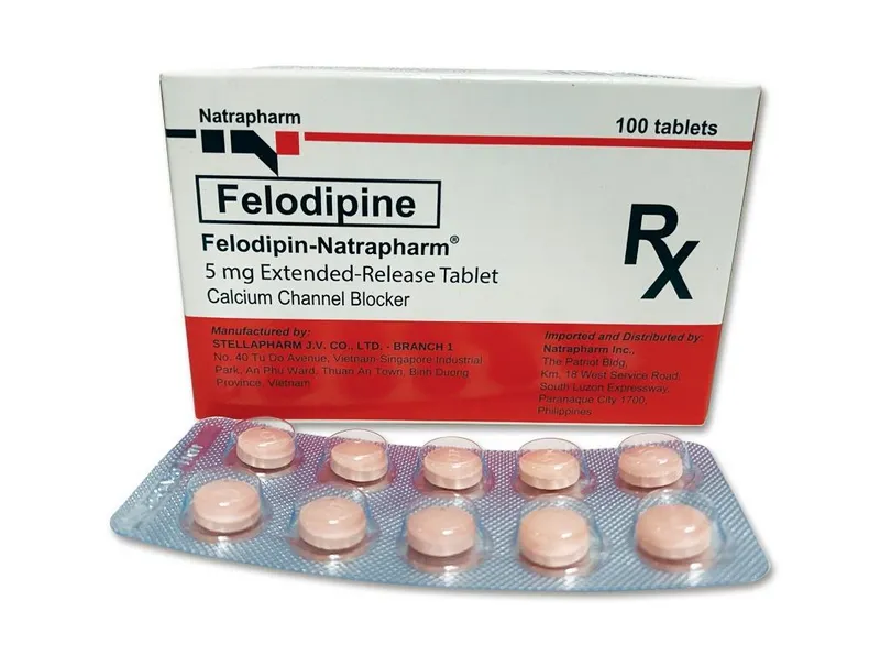 Felodipine A box and blister pack of Natrapharm's Felodipine 5 mg extended-release tablets, a calcium channel blocker, with 100 tablets in total.