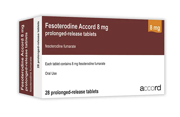Fesoterodine A box of Accord Fesoterodine 8 mg prolonged-release tablets, containing 28 tablets for oral use.