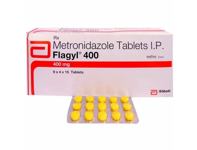 Metronidazole A box and a blister pack of Abbott Flagyl 400 (Metronidazole) tablets I.P., containing 15 tablets.