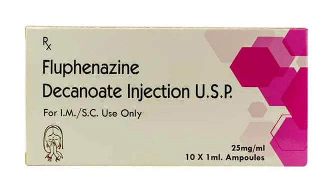 A box of Fluphenazine Decanoate Injection U.S.P. for I.M./S.C. use only, 25 mg/mL, containing 10 x 1 mL ampoules.