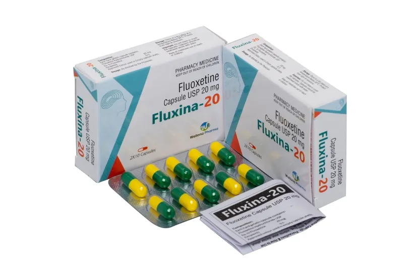 Fluoxetine A box and blister pack of Webson Pharma Fluxina-20 (Fluoxetine Capsule USP 20 mg), containing 2x10 capsules.