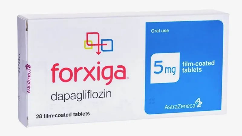 Dapagliflozin A box of AstraZeneca Forxiga (dapagliflozin) 5 mg film-coated tablets for oral use, containing 28 tablets.