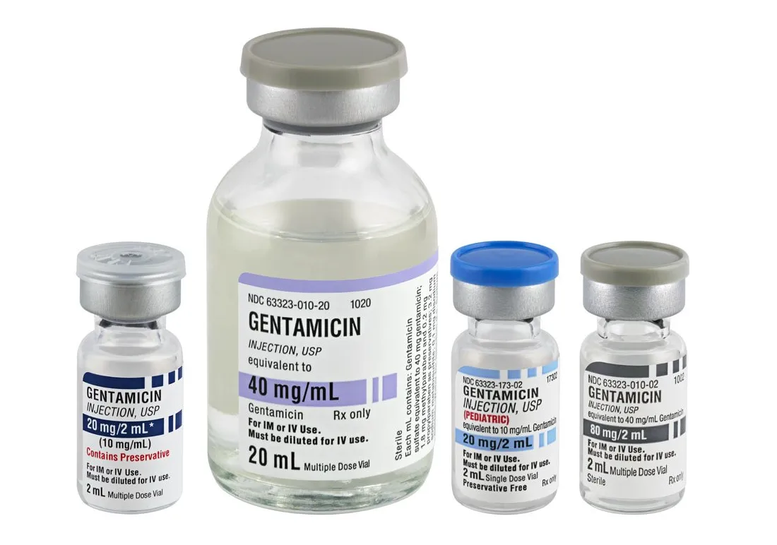 Gentamicin Four vials of Gentamicin Injection, USP, with different concentrations including 20 mg/mL, 40 mg/mL, and 80 mg/mL, for IM or IV use.