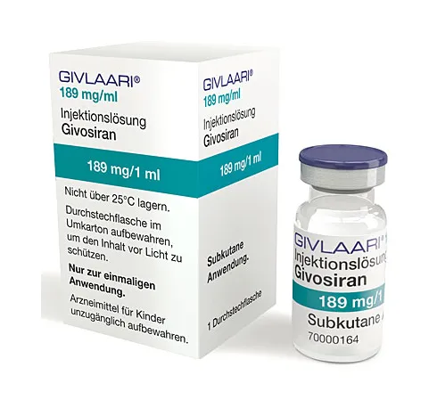 Givosiran A box and vial of GIVLAARI (givosiran) 189 mg/mL injection solution for subcutaneous use.