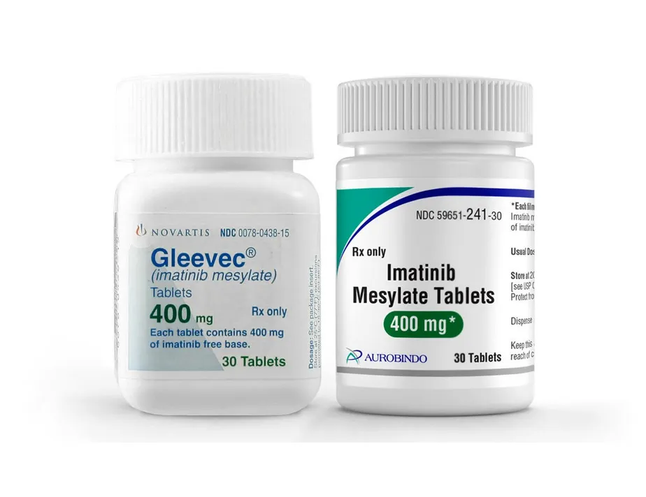 Bottles of Novartis Gleevec and Aurobindo Imatinib Mesylate tablets, both 400 mg.