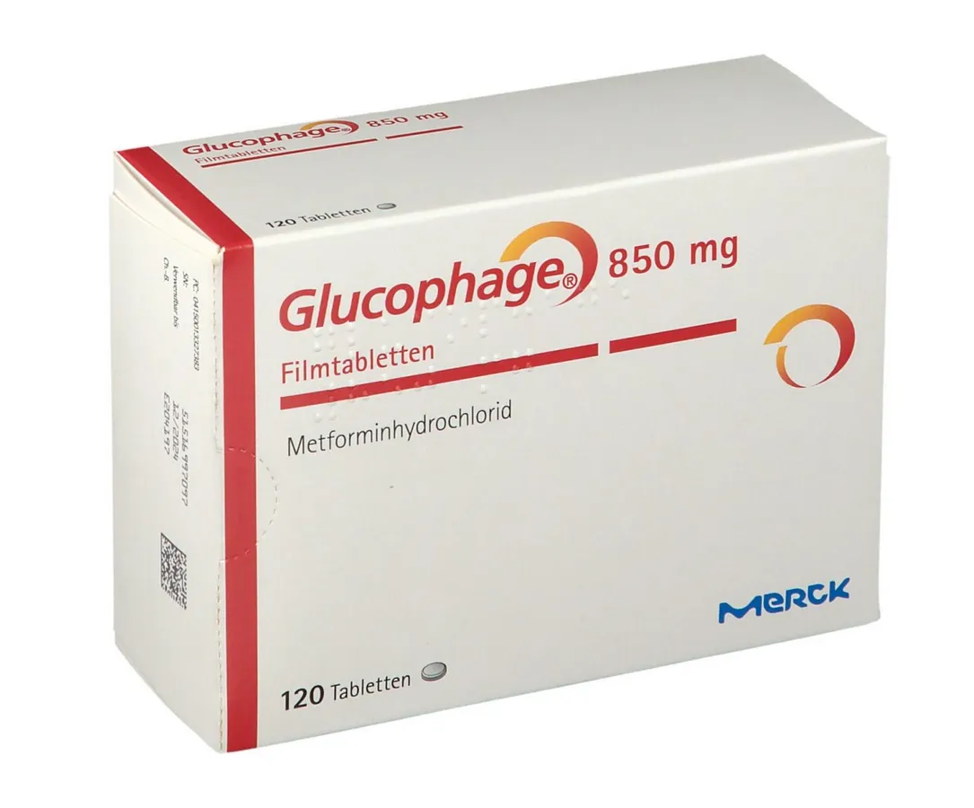 Metformin A box of Merck Glucophage 850 mg film-coated tablets, containing 120 tablets of Metformin hydrochloride.