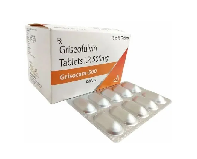 Griseofulvin A box and a blister pack of Griseofulvin Tablets I.P. 500 mg, branded as Grisocam-500, containing 10x10 tablets.