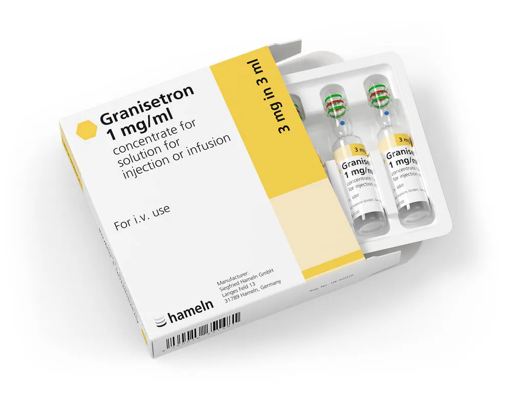 Granisetron A box containing two ampoules of Hameln Granisetron 1 mg/mL concentrate for solution for injection or infusion.