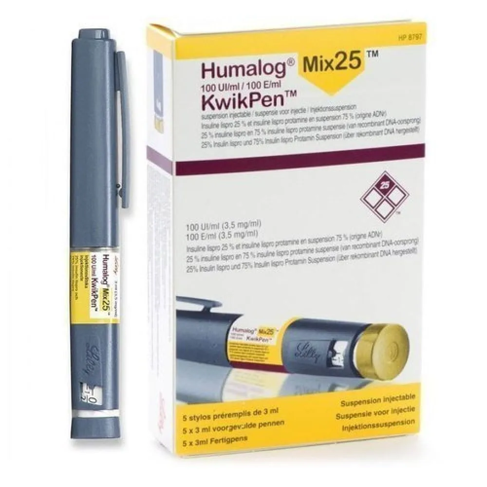 A box of Humalog Mix25 KwikPens with insulin lispro and insulin lispro protamine suspension, 100 IU/mL.