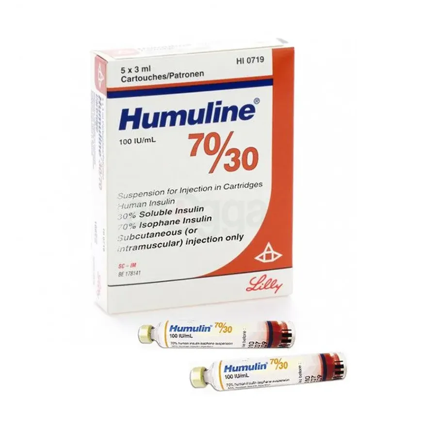 Human Insulin A box containing Humuline 70/30 (Human Insulin) cartridges for injection, 100 IU/mL, with 30% soluble insulin and 70% isophane insulin.