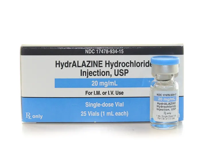 Hydralazine A box and single-dose vial of Hydralazine Hydrochloride Injection, USP 20 mg/mL, for intramuscular or intravenous use.