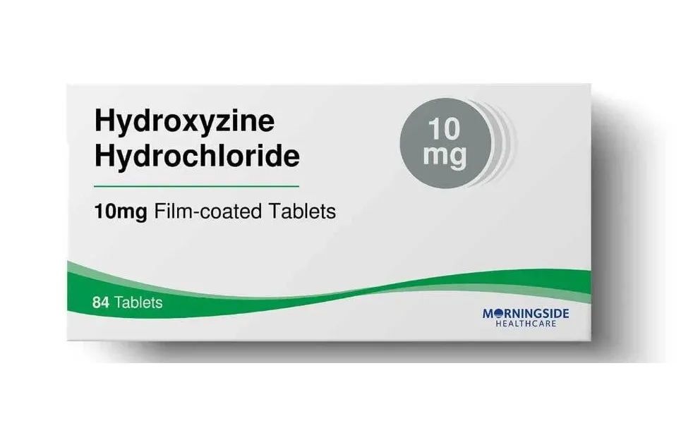 A box of Morningside Healthcare Hydroxyzine Hydrochloride 10 mg film-coated tablets.