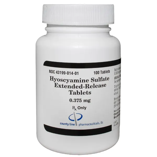Hyoscyamine A bottle of County Line Pharmaceuticals Hyoscyamine Sulfate Extended-Release Tablets, 0.375 mg, containing 100 tablets.