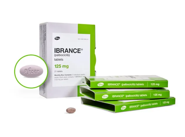 Palbociclib A box and individual weekly packs of Pfizer Ibrance (palbociclib) tablets, 125 mg, with a single tablet shown.