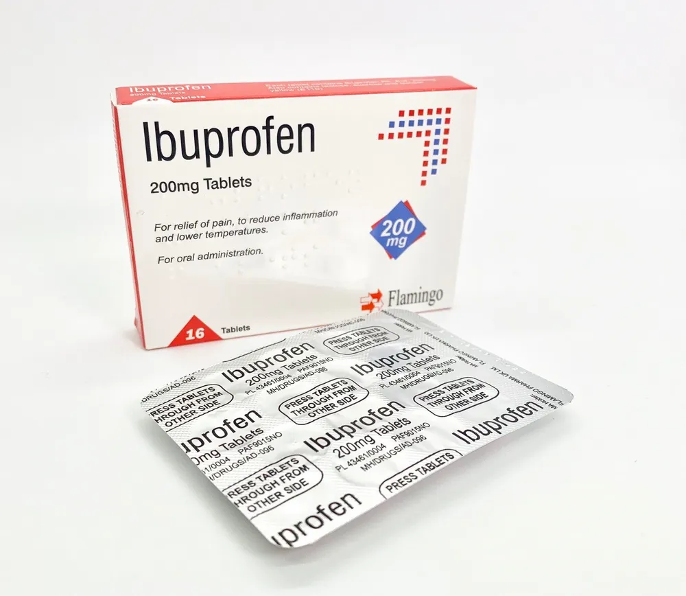 A box and blister pack of Flamingo Ibuprofen 200mg tablets, used for pain relief, to reduce inflammation and lower temperatures.
