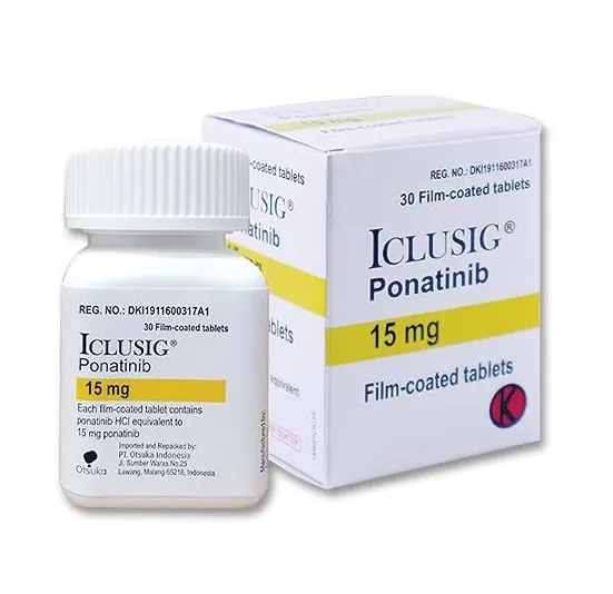 Ponatinib A box and a bottle of Iclusig (ponatinib) 15 mg film-coated tablets from Otsuka Indonesia, containing 30 tablets.