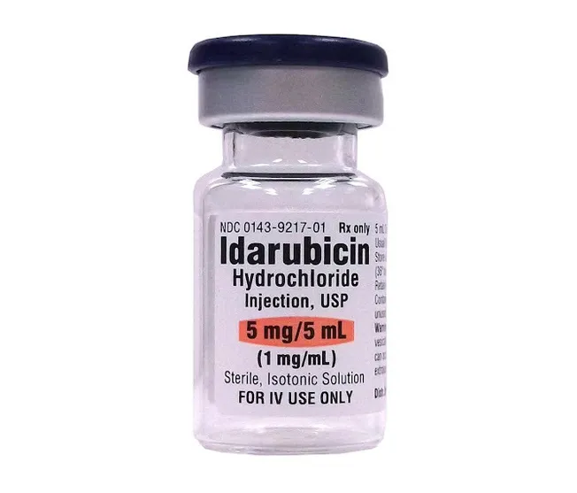 A vial of Idarubicin Hydrochloride Injection, USP 5 mg/5 mL, a sterile, isotonic solution for IV use only.